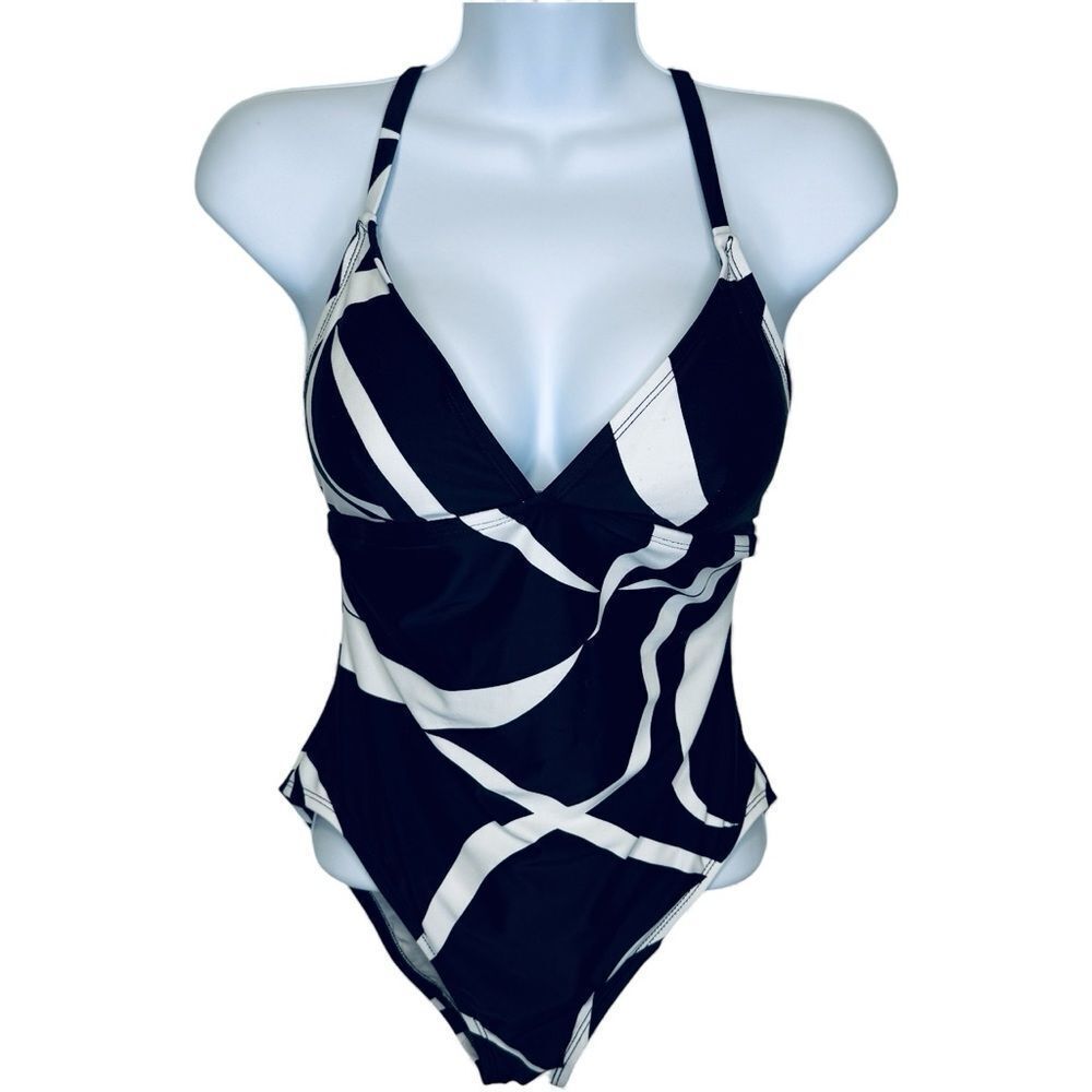 Anne Klein One Piece Abstract Bathing Suit Swimwear Size 10 Black White